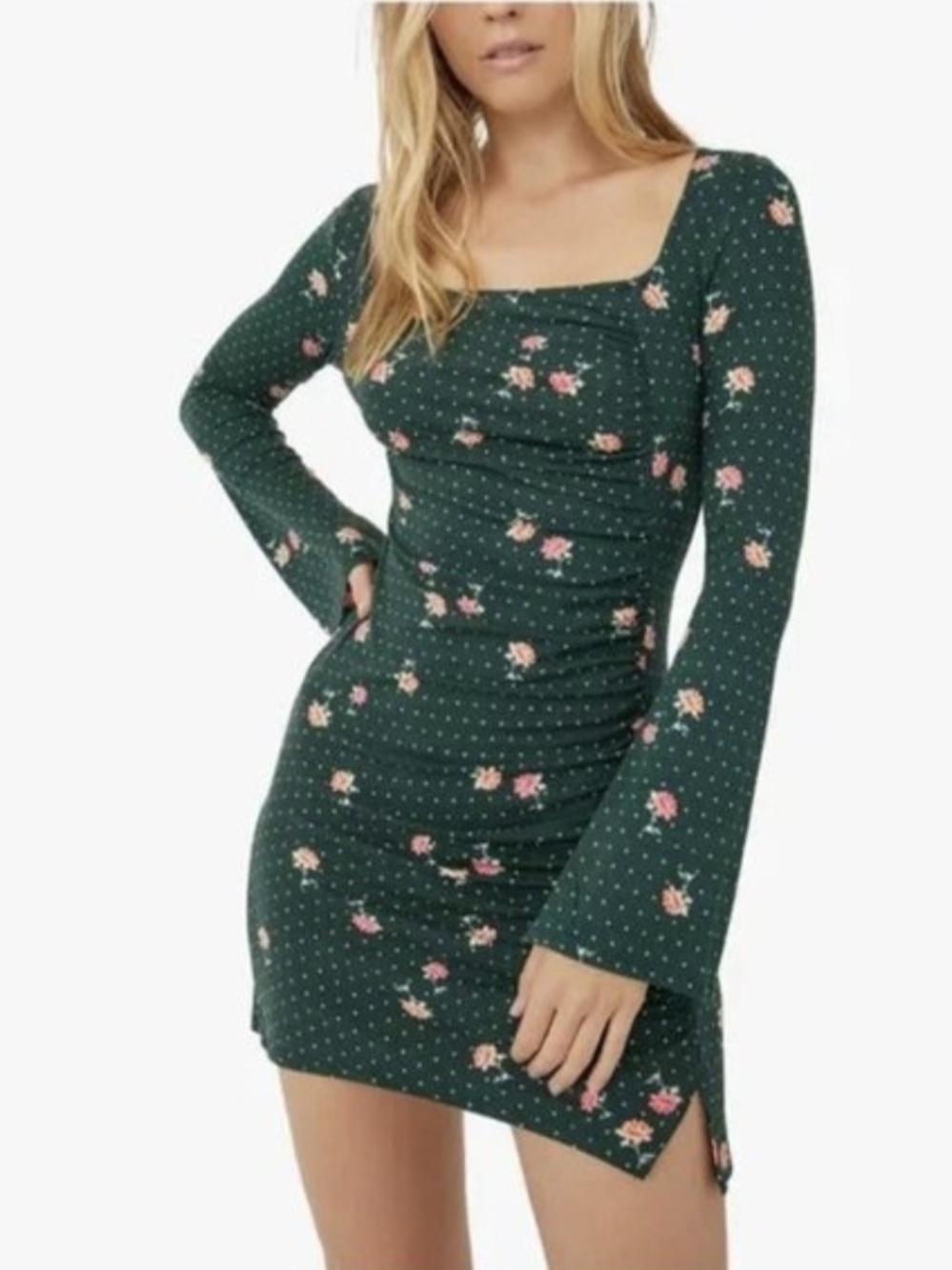 Free People Dark Green Floral Square-Neck Mini Dress Small NWT